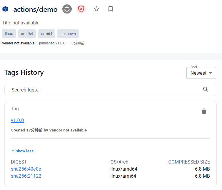 Zot registry 里看到的 actions/demo:v1.0.0 多架构镜像